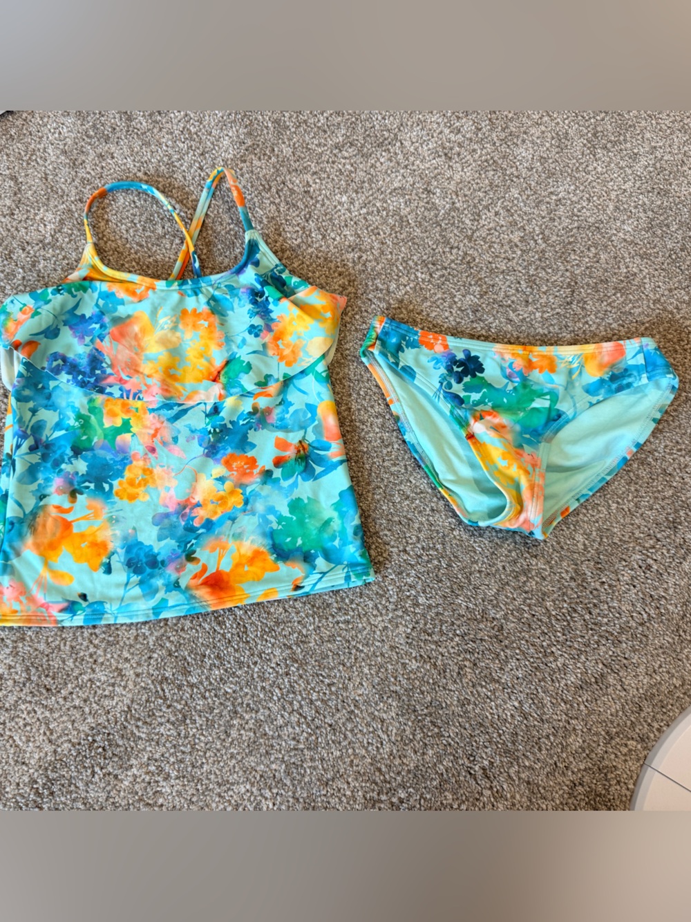 Athleta Aqua Floral Tankini Set with Orange & Blue Accents